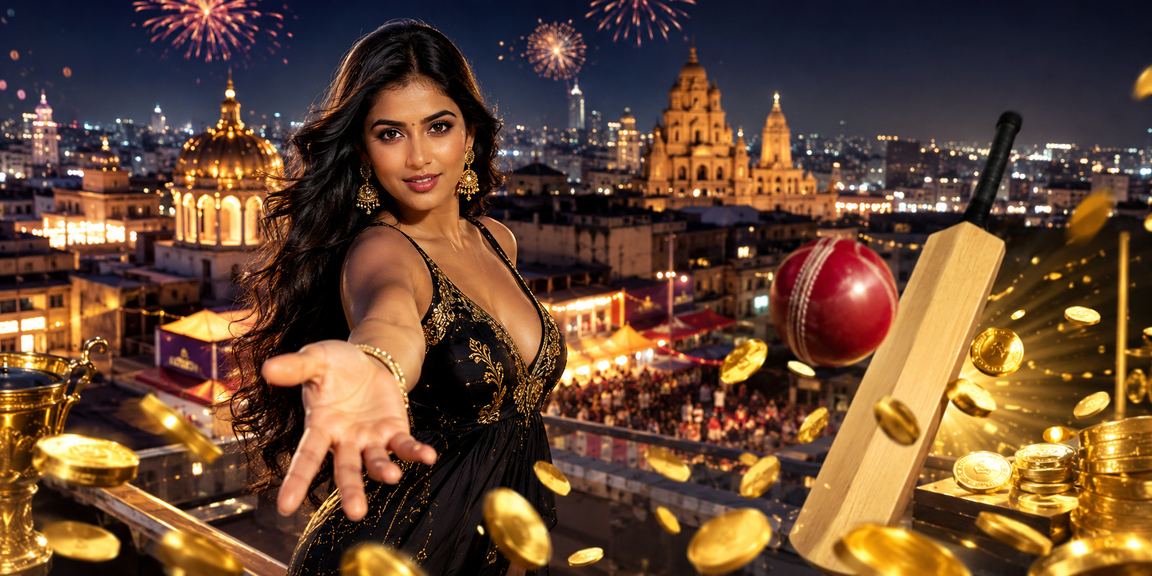 Panoramic night market in India with cricket betting advertisement lights