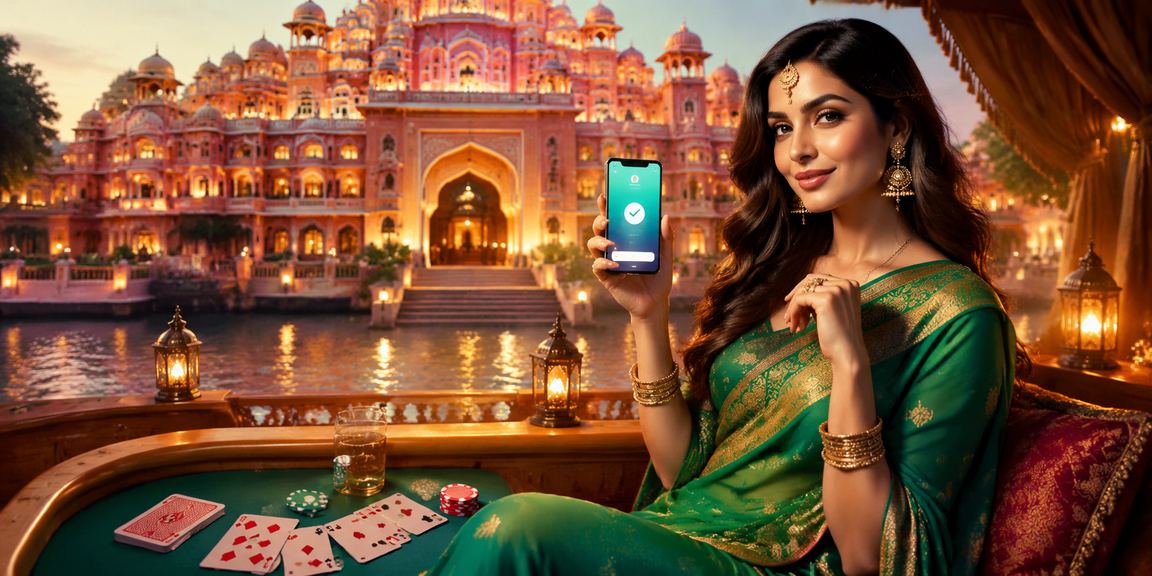 Festive woman dressed in traditional Indian saree playing teen patti casino game online