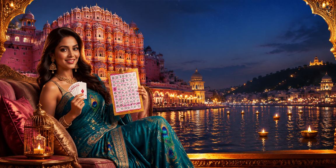 Jaipur's Hawa Mahal backdrop with lottery and saree imagery