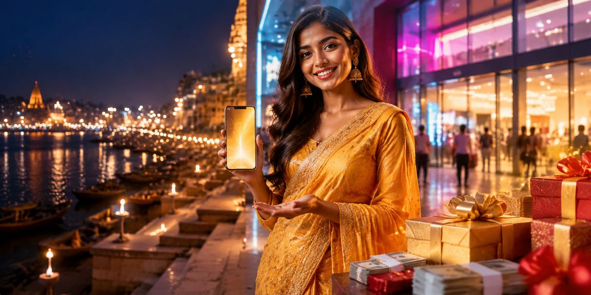 Varanasi Ghat illuminated with casino and app advertising neon lights